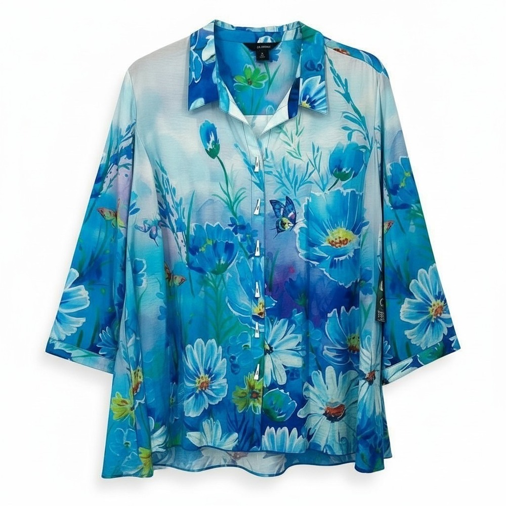 NEW Ali Miles Women's Plus Size 2X Blue Floral Butterfly‎ Button Up Tunic Top